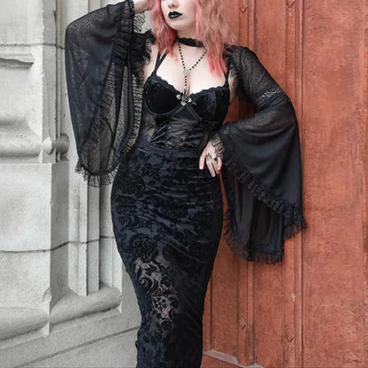 Women's Black Flocked Rose Bell-Sleeve Maxi Dress - primary photo, shown with a person (1 of 3)