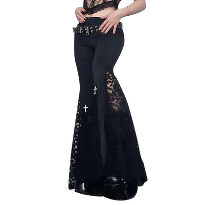 Goth Mall Flare Pants Sexy Black Lace Patchwork High Waist Vintage Harajuku Hippie Punk Grunge Streetwear  Y2k Pants - Creepy Goth