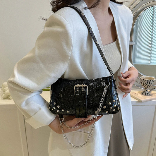Black Croc-Emboss Studded Baguette Bag