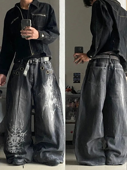 American New Fashion Oversized Pattern Printed Washed Jeans Men Y2K Gothic Rock Popular Casual Joker High Waist Wide Leg Pants - Creepy Goth