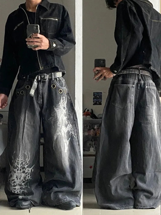 American New Fashion Oversized Pattern Printed Washed Jeans Men Y2K Gothic Rock Popular Casual Joker High Waist Wide Leg Pants - Creepy Goth