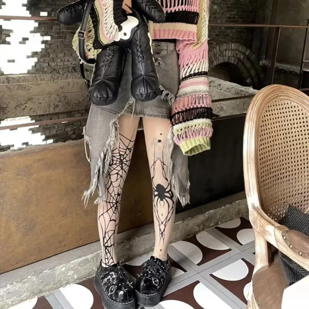 Gothic Vintage Dark Fishnet Tights Stocking Women Emo Alternative Sexy Spider Web Witch Pantyhose Y2k E-girl Cyber Punk Socks - Creepy Goth