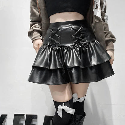 Black Lace-Up Ruffle Mini Skirt