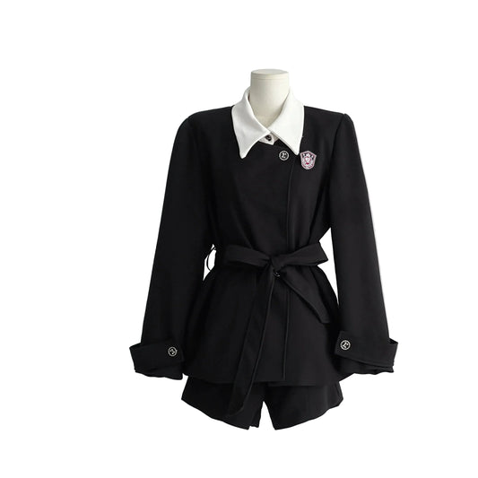 Women's Black White-Collar Jacket and Shorts Set - front studio view (1 of 2)