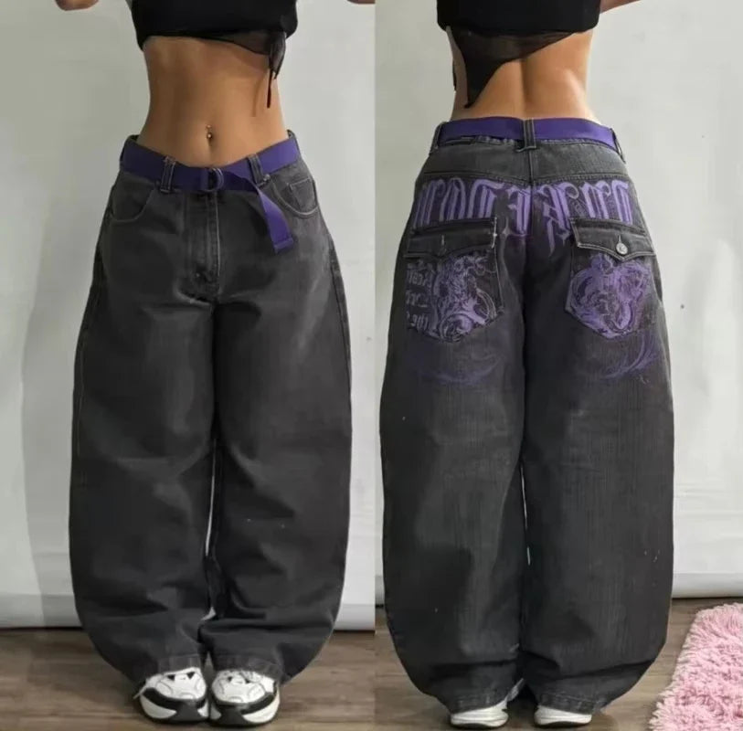 American New Fashion Oversized Pattern Printed Washed Jeans Men Y2K Gothic Rock Popular Casual Joker High Waist Wide Leg Pants - Creepy Goth