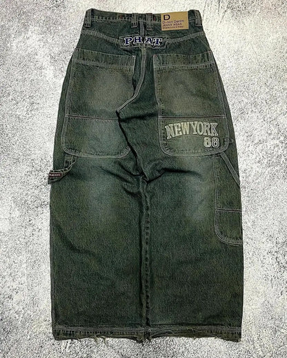 American New Fashion Oversized Pattern Printed Washed Jeans Men Y2K Gothic Rock Popular Casual Joker High Waist Wide Leg Pants - Creepy Goth