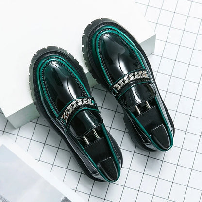 New Men's Big-Head Leather Shoes Thick-Soled High-Rise Patent Leather Glossy Casual Thick-Heeled Loafer Hairstylist Trendy Shoes - Creepy Goth
