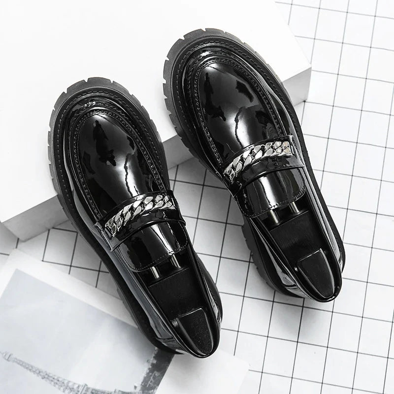 New Men's Big-Head Leather Shoes Thick-Soled High-Rise Patent Leather Glossy Casual Thick-Heeled Loafer Hairstylist Trendy Shoes - Creepy Goth