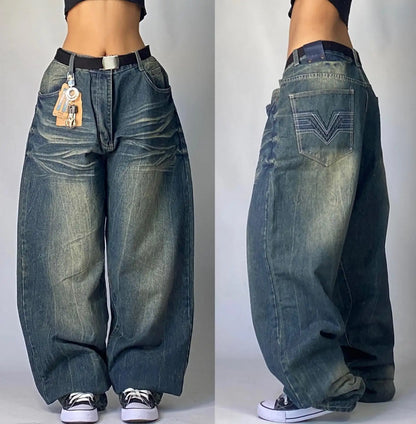 American New Fashion Oversized Pattern Printed Washed Jeans Men Y2K Gothic Rock Popular Casual Joker High Waist Wide Leg Pants - Creepy Goth