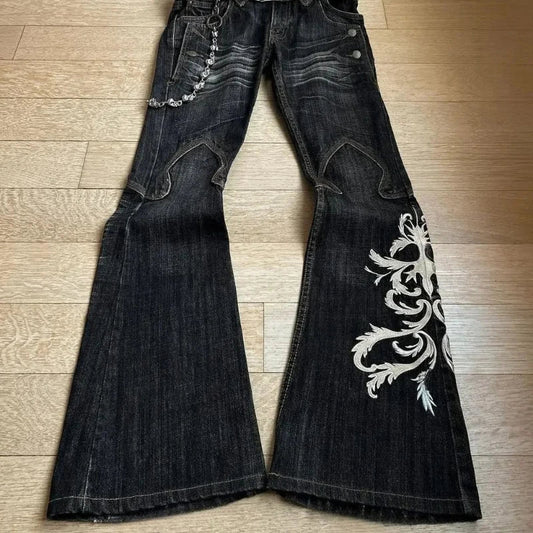 New High Waist Harajuku Loose Embroidered Women Jeans with Rock Punk Style Y2K Micro La Retro Wide Leg Pants - Creepy Goth