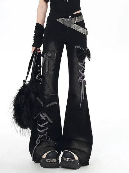 Y2K Bow Jeans Women 3D Design High Waist Slim Fit Flared Pants Spicy Girl - Creepy Goth