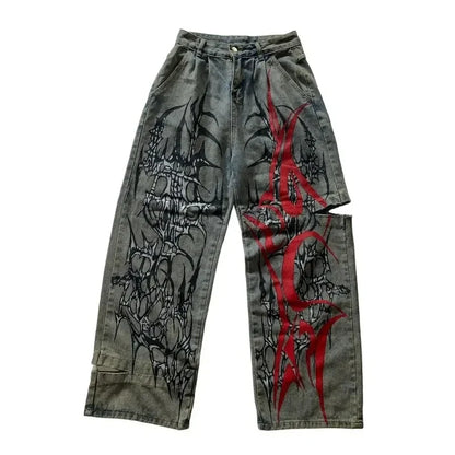 American New Fashion Oversized Pattern Printed Washed Jeans Men Y2K Gothic Rock Popular Casual Joker High Waist Wide Leg Pants - Creepy Goth