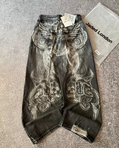 American New Fashion Oversized Pattern Printed Washed Jeans Men Y2K Gothic Rock Popular Casual Joker High Waist Wide Leg Pants - Creepy Goth