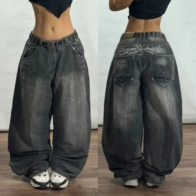 American New Fashion Oversized Pattern Printed Washed Jeans Men Y2K Gothic Rock Popular Casual Joker High Waist Wide Leg Pants - Creepy Goth