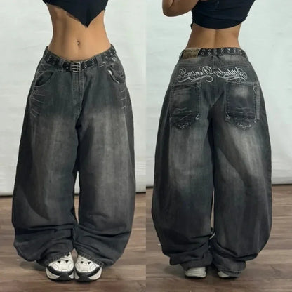 American New Fashion Oversized Pattern Printed Washed Jeans Men Y2K Gothic Rock Popular Casual Joker High Waist Wide Leg Pants - Creepy Goth