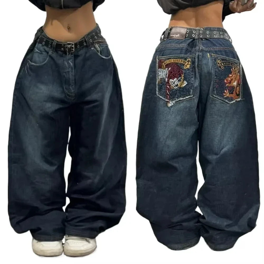 American New Fashion Oversized Pattern Printed Washed Jeans Men Y2K Gothic Rock Popular Casual Joker High Waist Wide Leg Pants - Creepy Goth