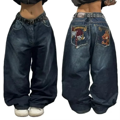 American New Fashion Oversized Pattern Printed Washed Jeans Men Y2K Gothic Rock Popular Casual Joker High Waist Wide Leg Pants - Creepy Goth