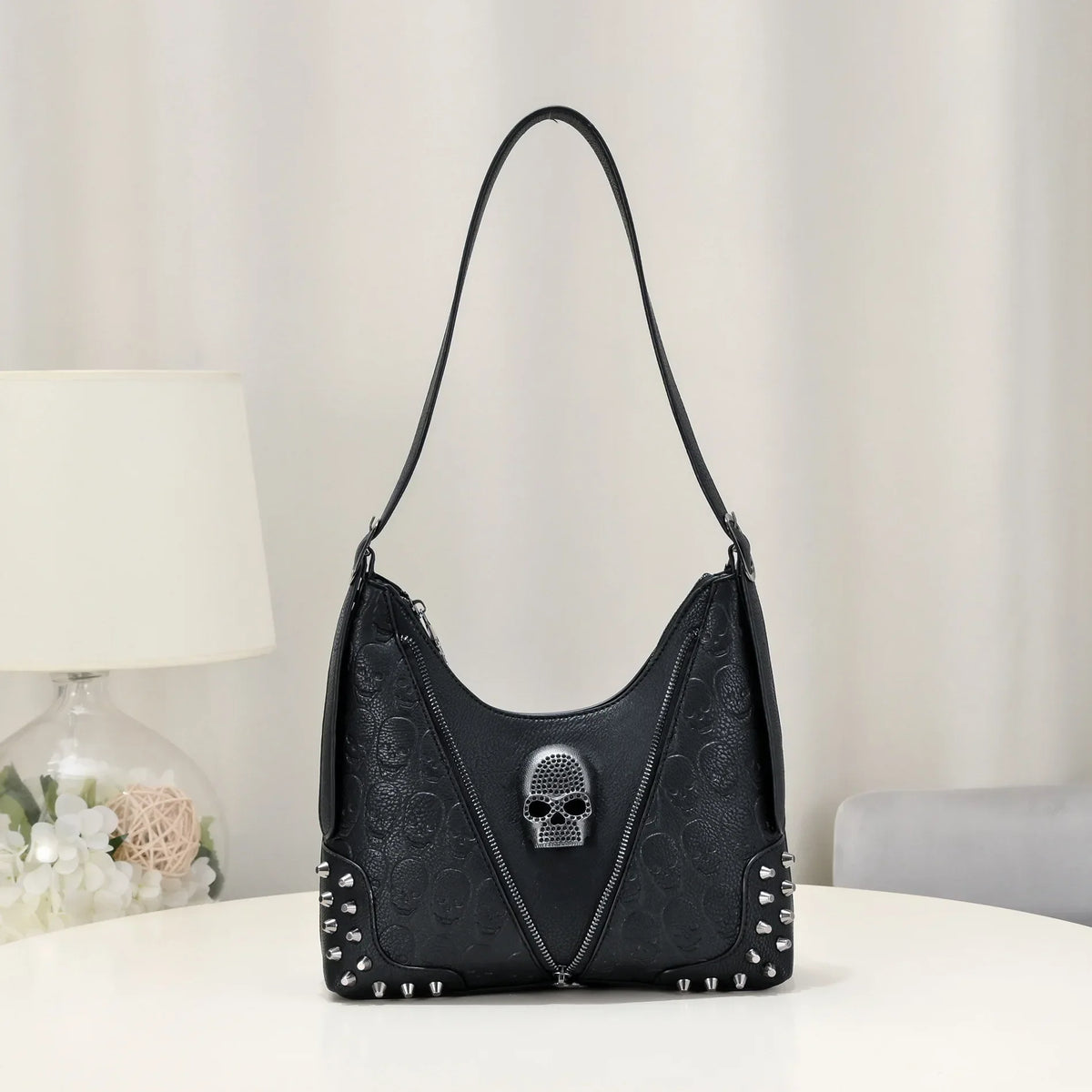 Women's Black Skull Hardware Hobo Bag - front studio view (1 of 4)