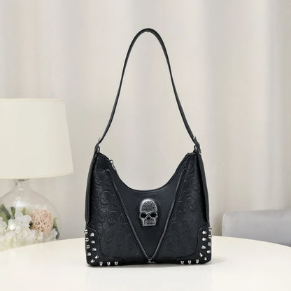 Women's Black Skull Hardware Hobo Bag - front studio view (1 of 4)