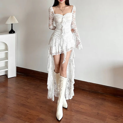 Celestia Fairycore Gothic Dress – Lace Flare Sleeve Ankle-Length