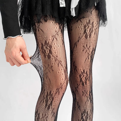 Kave High Elastic Black Hollowed Lace Fishnet Patterned Tights for Women Solid Color Pantyhose Gothic Fishnet Stockings Tights # - Creepy Goth