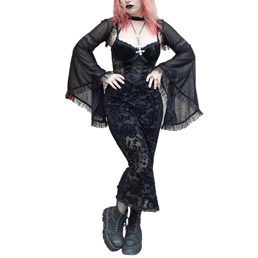 Black Flocked Rose Bell-Sleeve Maxi Dress