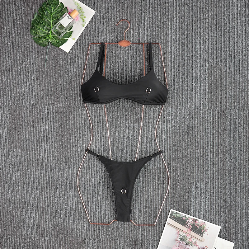 2026 Sexy Halter Solid Color Bikini Set Women's Swimsuit Two-piece Triangle Thong Swimwear Beach Bathing Suit Brazilian Biquinis - Creepy Goth