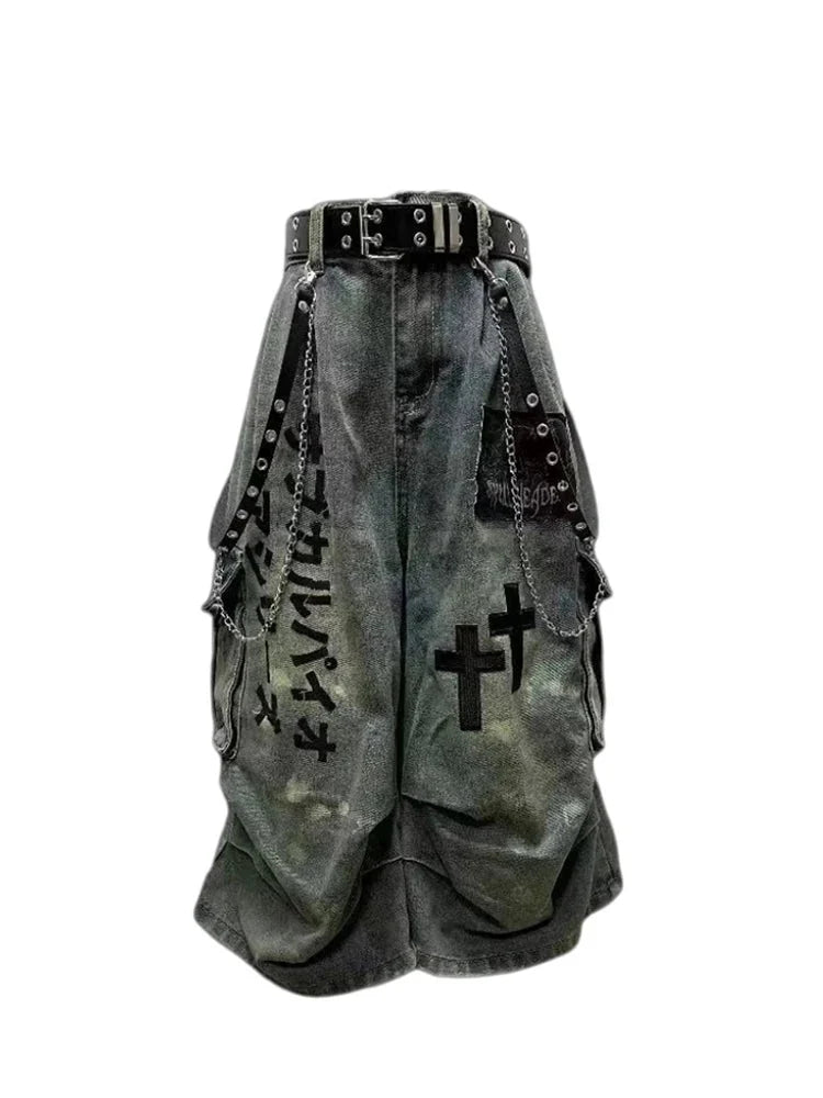 Summer Women Goblin Core Cross Denim Jorts Shorts Y2k Calf-Length Jean Pants Trashy Y2K Abi Japanese Cyber Punk Grunge Unisex - Creepy Goth