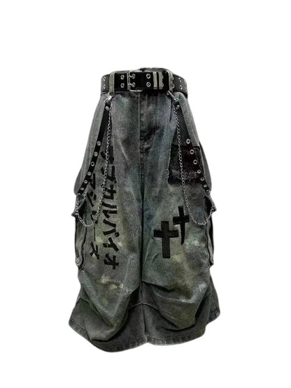 Summer Women Goblin Core Cross Denim Jorts Shorts Y2k Calf-Length Jean Pants Trashy Y2K Abi Japanese Cyber Punk Grunge Unisex - Creepy Goth