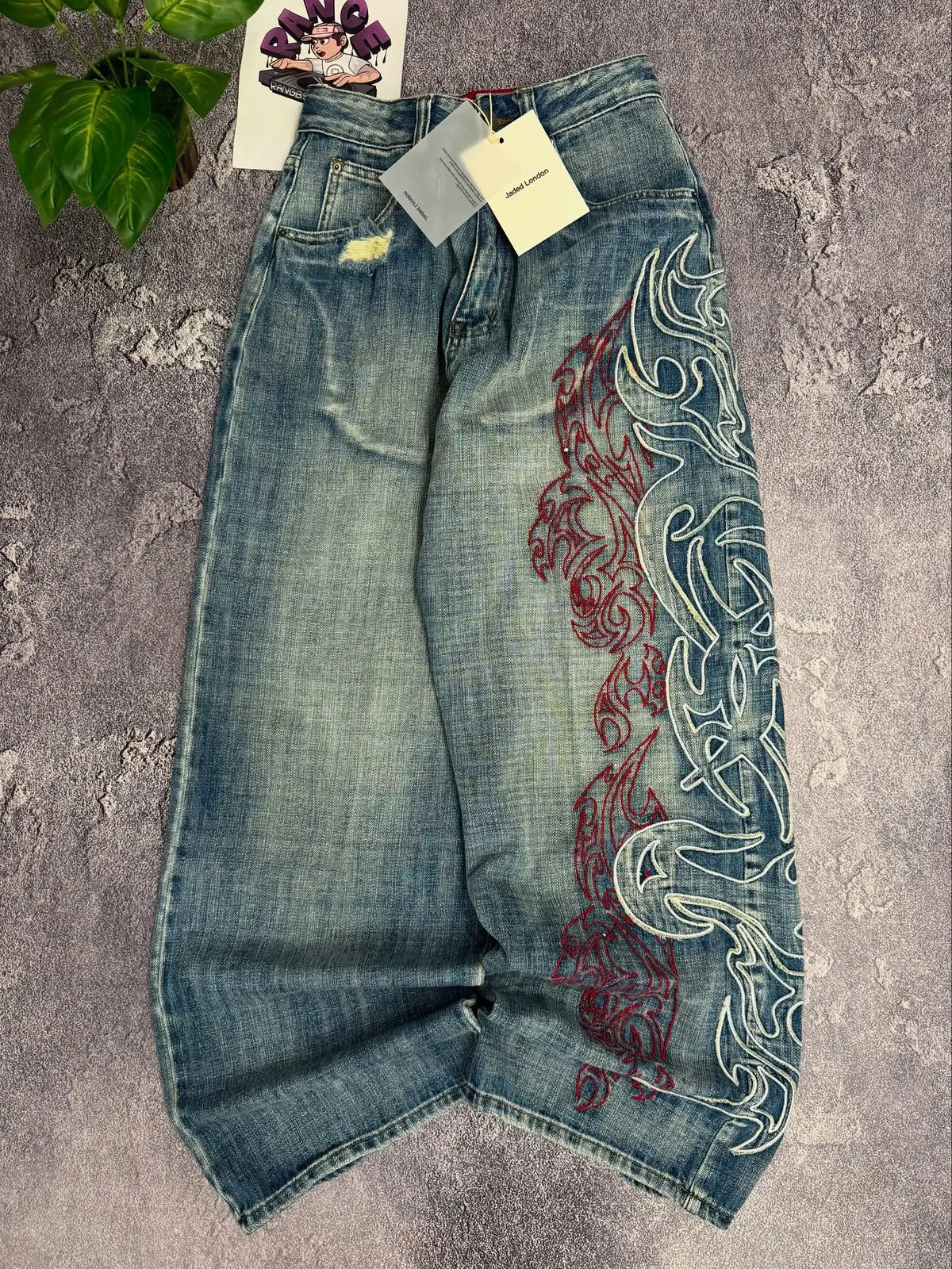 American New Fashion Oversized Pattern Printed Washed Jeans Men Y2K Gothic Rock Popular Casual Joker High Waist Wide Leg Pants - Creepy Goth