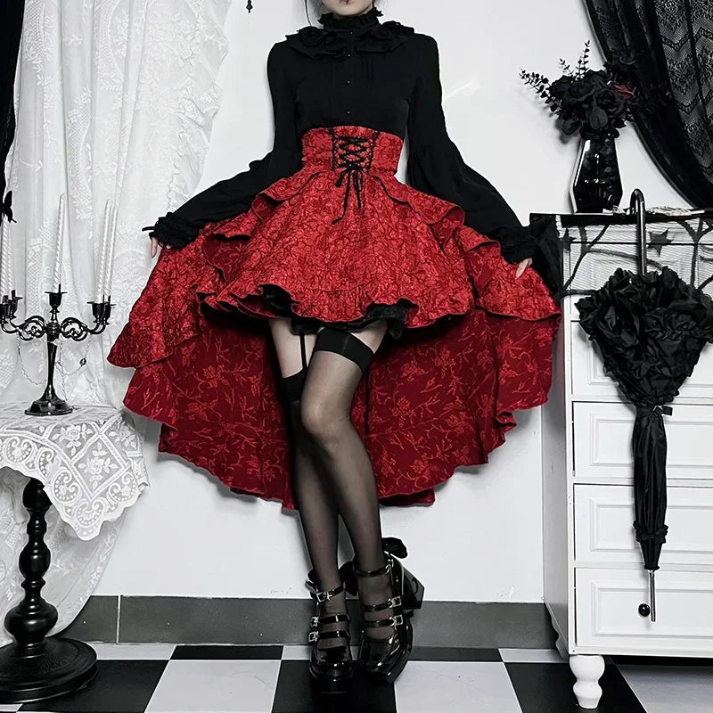 Women's Red Jacquard High-Low Corset Skirt - primary photo, shown with a person (1 of 3)