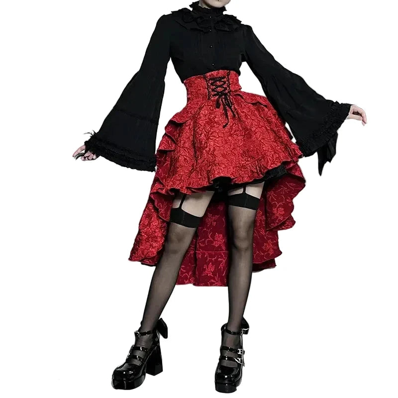 Red Jacquard High-Low Corset