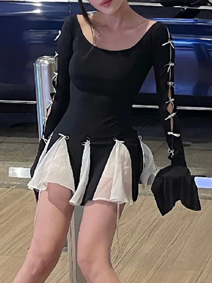Black White Ribbon Godet Mini Dress