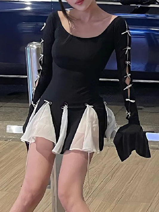 Black White Ribbon Godet Mini Dress