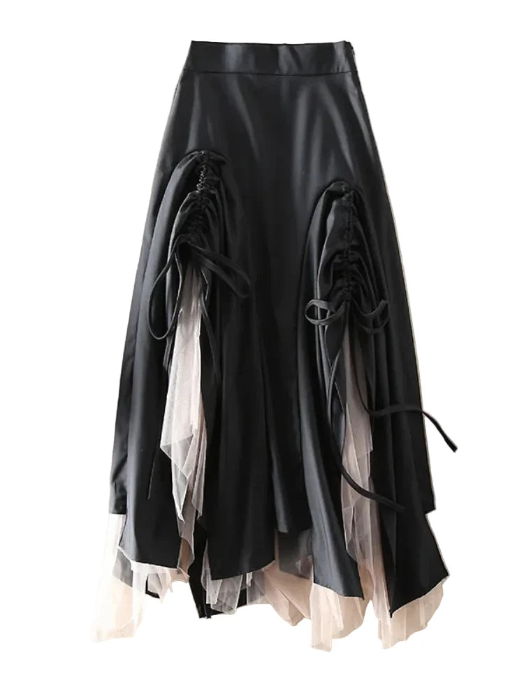 Women's Black Ruched Mesh-Underlay Midi Skirt - primary photo, shown with a person