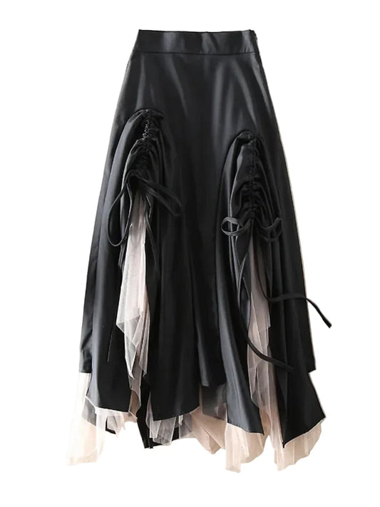 Women's Black Ruched Mesh-Underlay Midi Skirt - primary photo, shown with a person