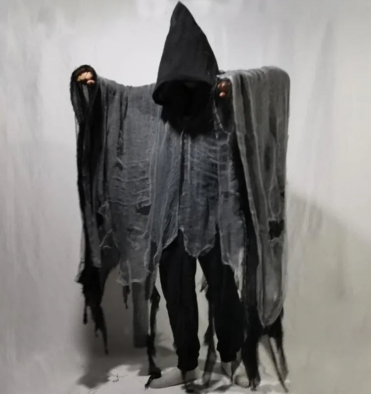 Unisex Black Gray Tattered Mesh Hooded Cloak - primary lifestyle photo (1 of 4)