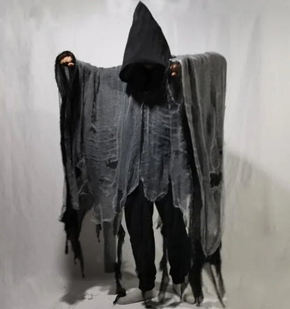 Unisex Black Gray Tattered Mesh Hooded Cloak - primary lifestyle photo (1 of 4)