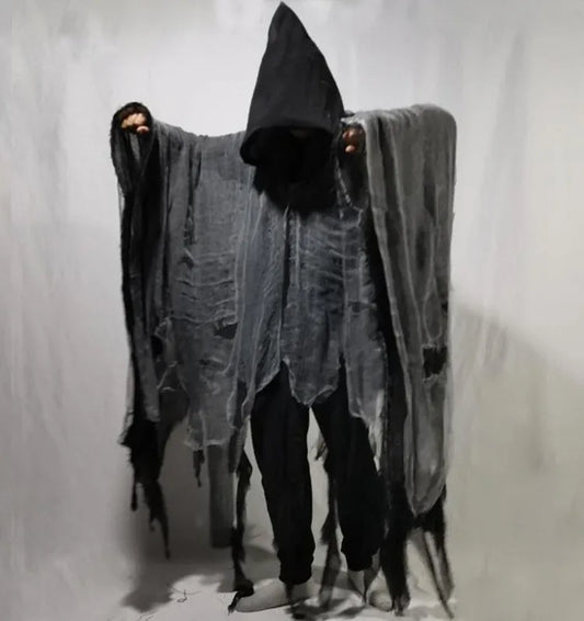 Unisex Black Gray Tattered Mesh Hooded Cloak - primary lifestyle photo (1 of 4)