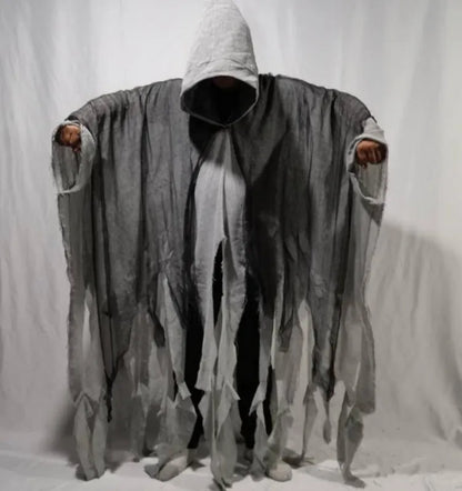 Unisex Black Gray Tattered Mesh Hooded Cloak - alternate lifestyle view (2 of 4)