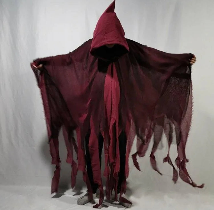 Unisex Black Gray Tattered Mesh Hooded Cloak - close-up of material and texture (3 of 4)