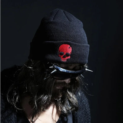 Men's Black Red White Embroidered Skull Beanie - primary product photo (1 of 3)