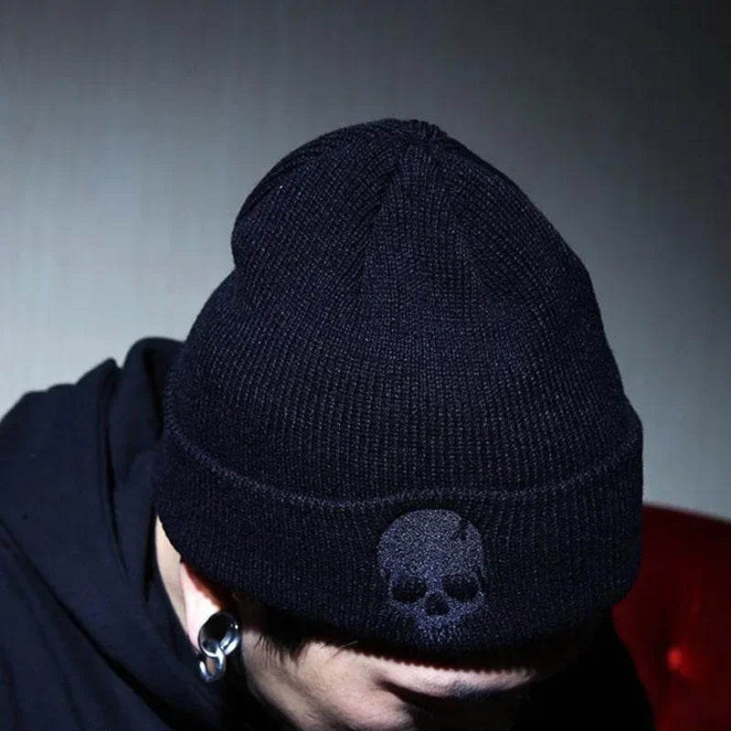 Men's Black Red White Embroidered Skull Beanie - close-up of material and texture (3 of 3)