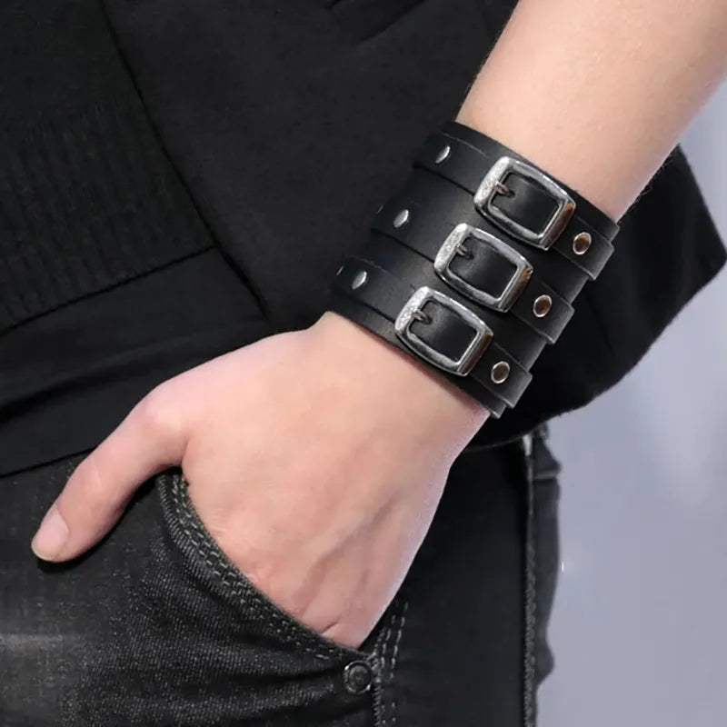 Men's Black Faux Leather Triple Buckle Cuff - primary photo, shown with a person (1 of 5)