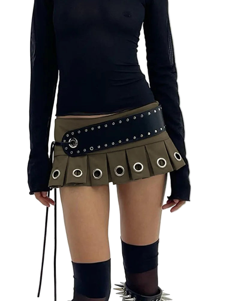 Women's Olive Grommet Pleated Mini Skirt - primary photo, shown with a person (1 of 3)