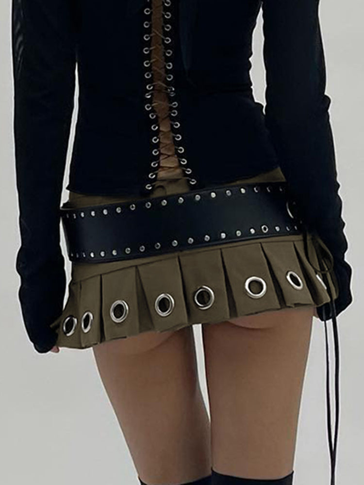 Olive Grommet Pleated Mini Skirt