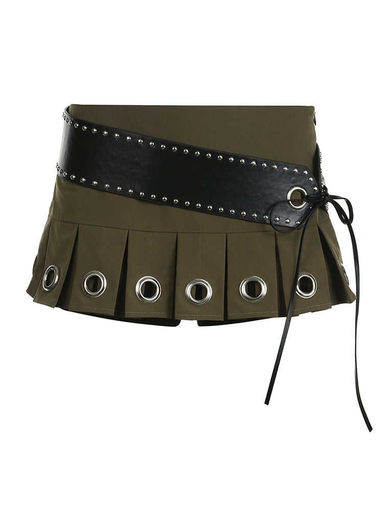 Olive Grommet Pleated Mini Skirt