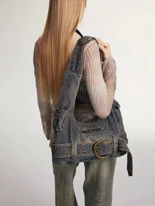 Women's Washed Grey Denim Belted Shoulder Bag - primary photo, shown with a person