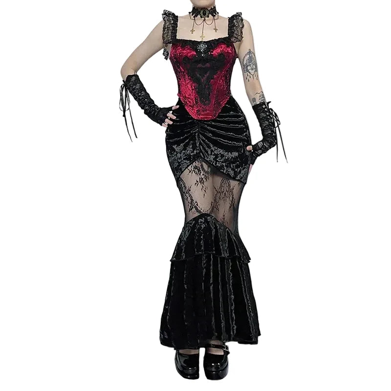Women's Red Velvet Black Lace Mermaid Dress - primary lifestyle photo (1 of 4)