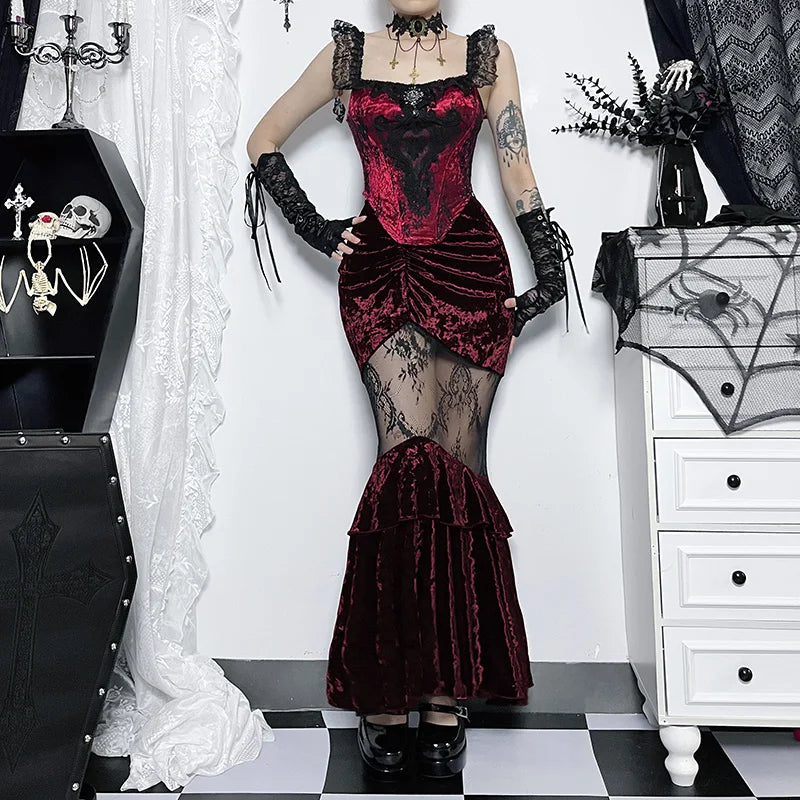 Women's Red Velvet Black Lace Mermaid Dress - alternate lifestyle view (3 of 4)